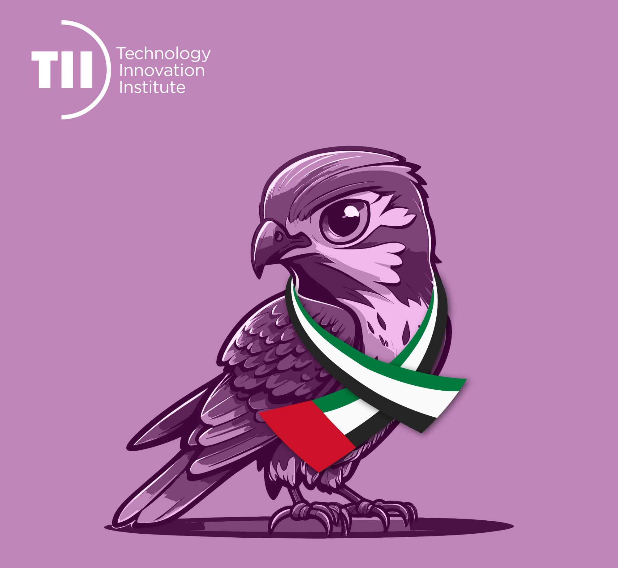 Illustrated falcon wearing a UAE flag scarf, with the Technology Innovation Institute logo
